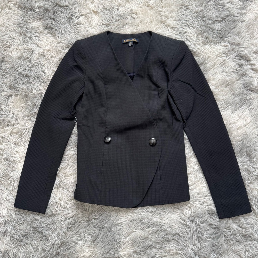 Brooks Brothers Navy Blue Black Checkered Double Buttoned Collarless Blazer 2P